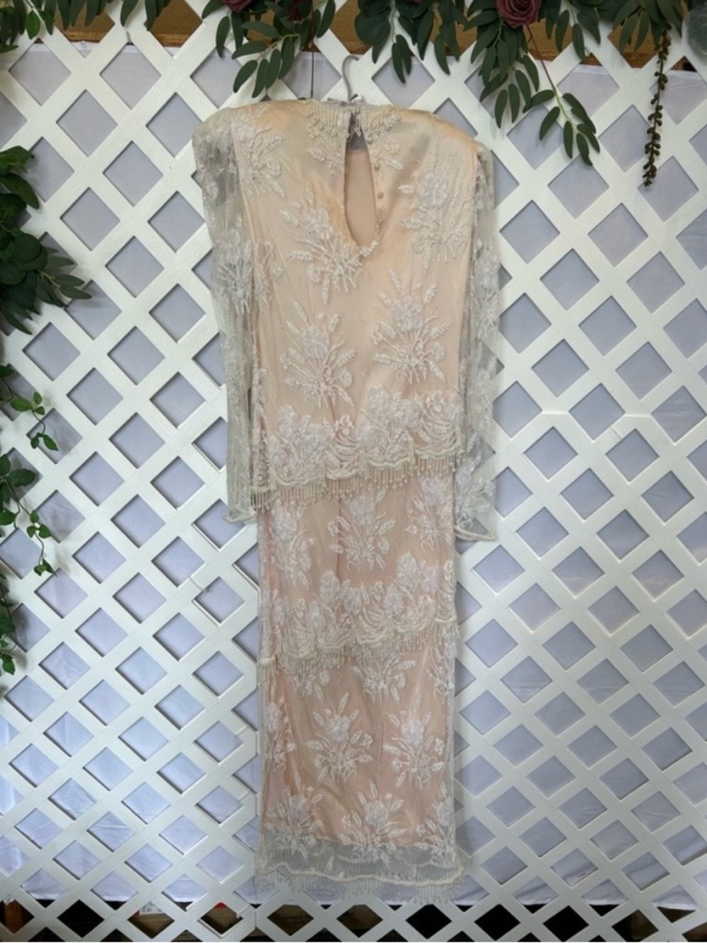 Vintage Rina di Montella Silk Lace Beaded Dress Size 8 Ivory Blush Formal Gown - Picture 3 of 11